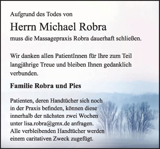 Traueranzeige von Michael Robra von WochenSpiegel