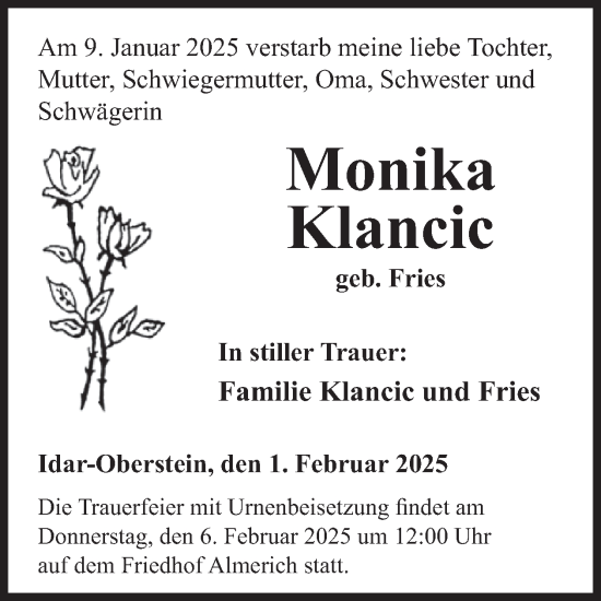 Traueranzeige von Monika Klancic von WochenSpiegel