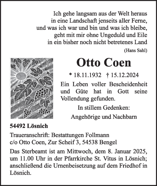 Traueranzeige von Otto Coen von WochenSpiegel