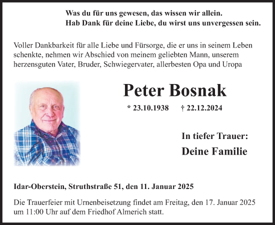 Traueranzeige von Peter Bosnak von WochenSpiegel