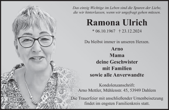 Traueranzeige von Ramona Ulrich von WochenSpiegel