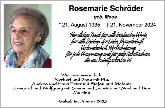 Traueranzeige von Rosemarie Schröder von WochenSpiegel