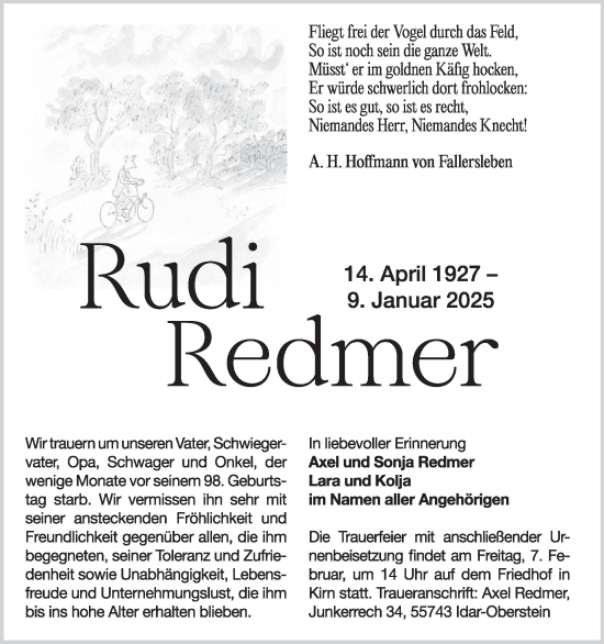 Traueranzeige von Rudi Redmer von WochenSpiegel