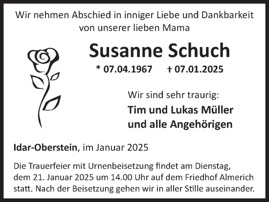 Traueranzeige von Susanne Schuch von WochenSpiegel