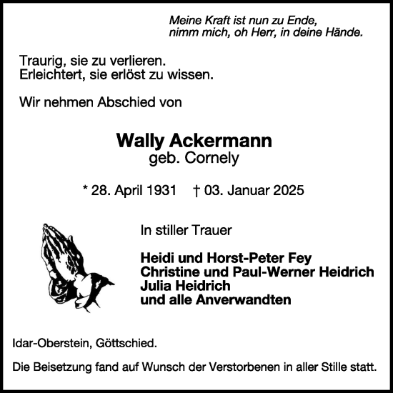 Traueranzeige von Wally Ackermann von WochenSpiegel