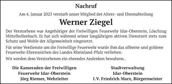 Traueranzeige von Werner Ziegel von WochenSpiegel