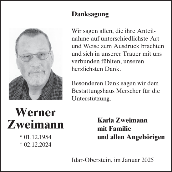 Traueranzeige von Werner Zweimann von WochenSpiegel