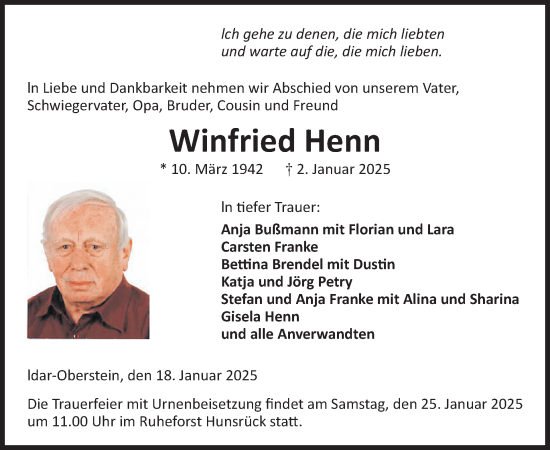 Traueranzeige von Winfried Henn von WochenSpiegel