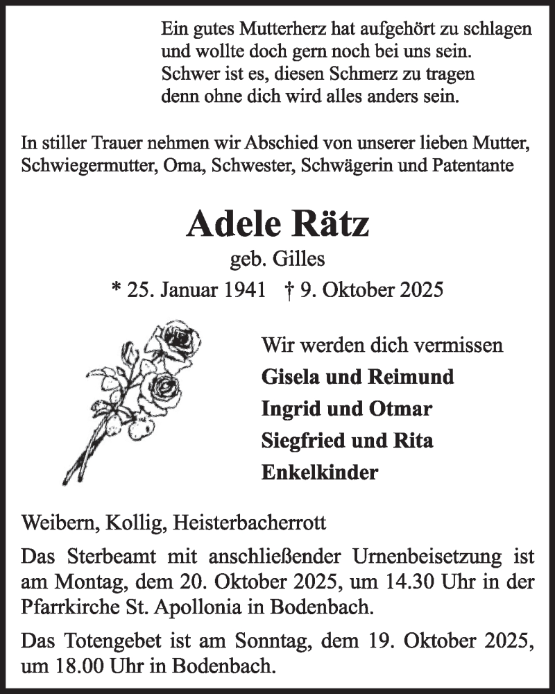  Traueranzeige für Adele Rätz vom 18.10.2025 aus WochenSpiegel