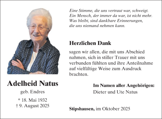 Traueranzeige von Adelheid Natus von WochenSpiegel