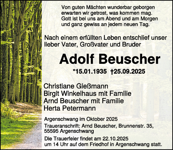 Traueranzeige von Adolf Beuscher von WochenSpiegel
