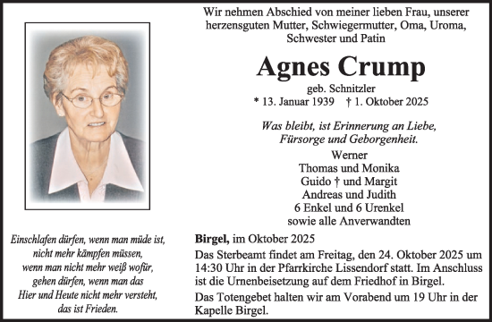 Traueranzeige von Agnes Crump von WochenSpiegel