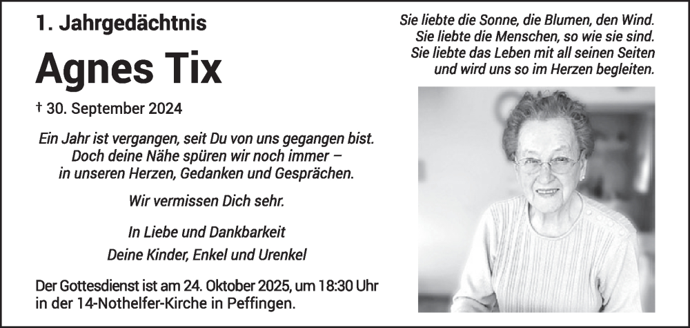  Traueranzeige für Agnes Tix vom 17.10.2025 aus WochenSpiegel