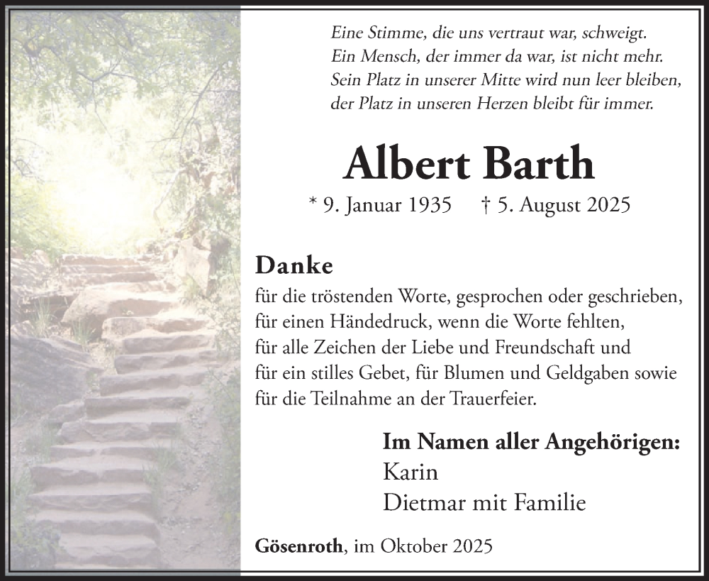  Traueranzeige für Albert Barth vom 31.10.2025 aus WochenSpiegel