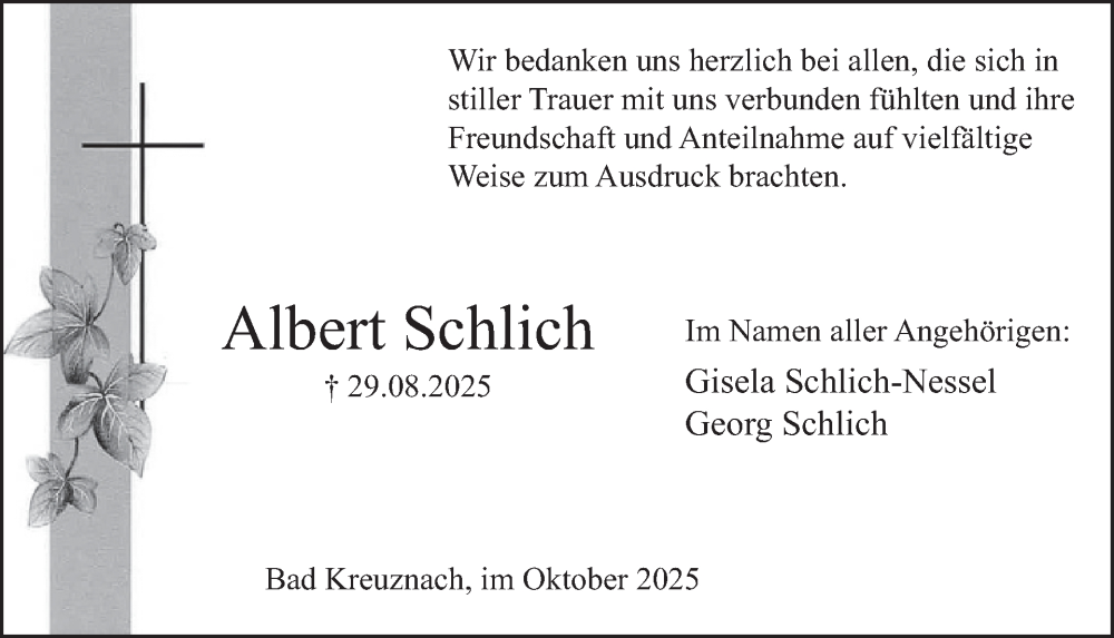  Traueranzeige für Albert Schlich vom 18.10.2025 aus WochenSpiegel