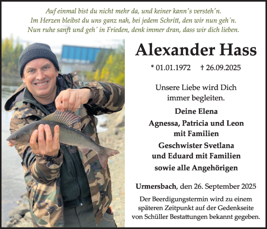 Traueranzeige von Alexander Hass von WochenSpiegel
