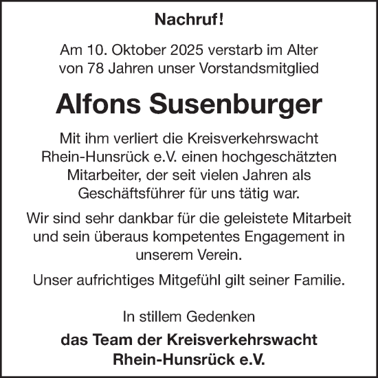 Traueranzeige von Alfons Susenburger von WochenSpiegel