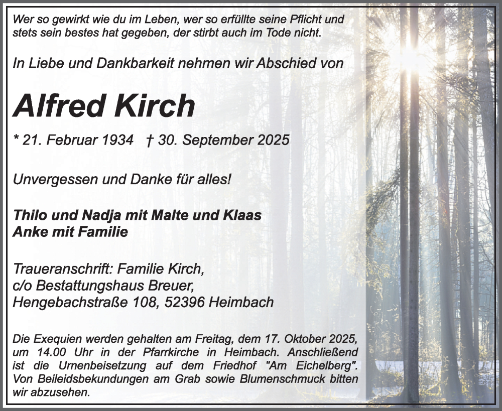  Traueranzeige für Alfred Kirch vom 08.10.2025 aus WochenSpiegel
