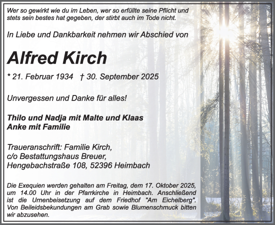 Traueranzeige von Alfred Kirch von WochenSpiegel