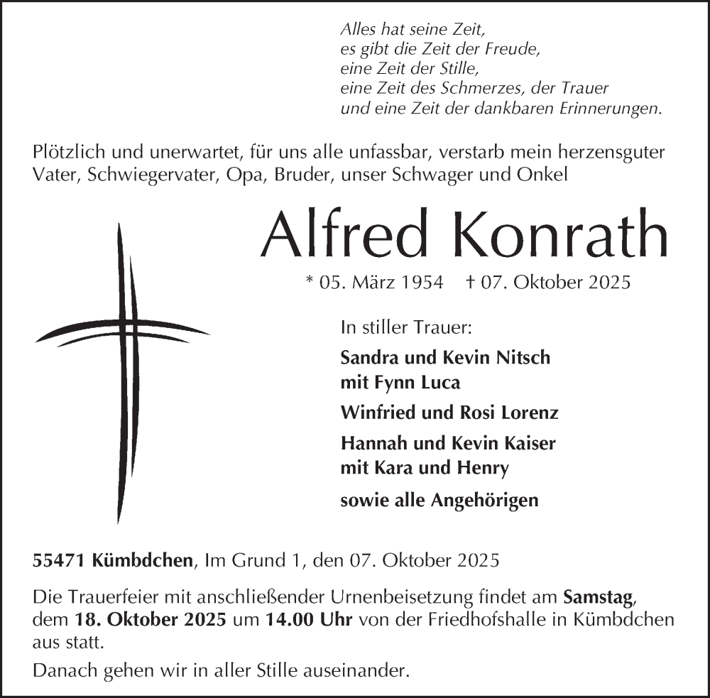  Traueranzeige für Alfred Konrath vom 18.10.2025 aus WochenSpiegel