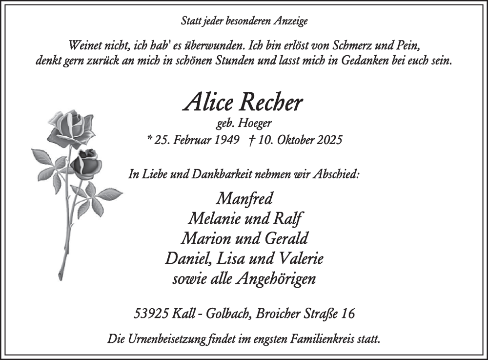  Traueranzeige für Alice Recher vom 15.10.2025 aus WochenSpiegel