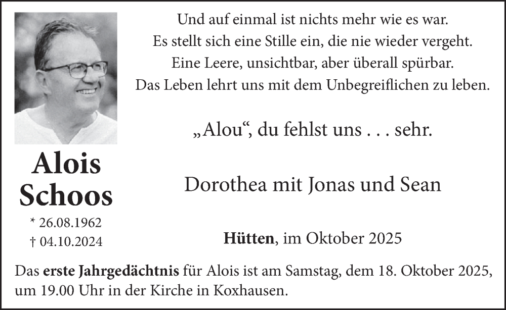  Traueranzeige für Alois Schoos vom 03.10.2025 aus WochenSpiegel