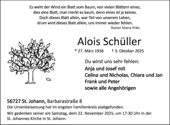 Traueranzeige von Alois Schüller von WochenSpiegel