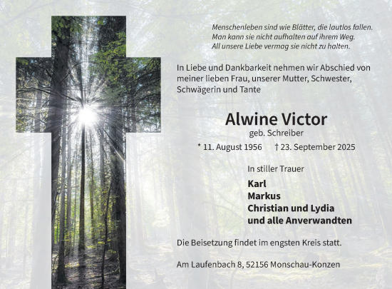 Traueranzeige von Alwine Victor von WochenSpiegel