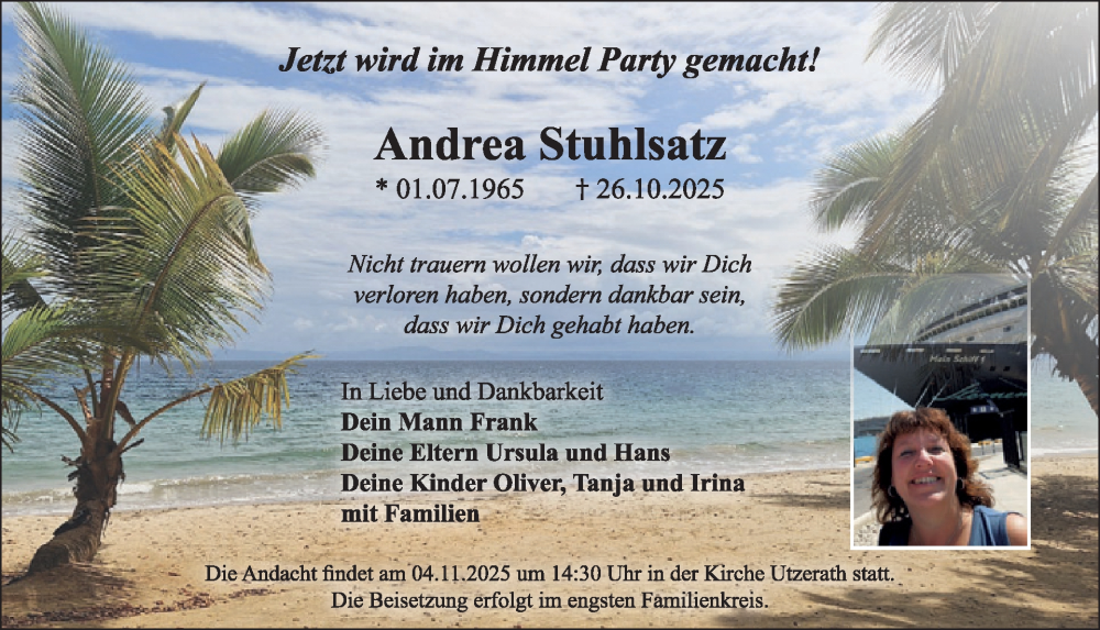  Traueranzeige für Andrea Stuhlsatz vom 01.11.2025 aus WochenSpiegel