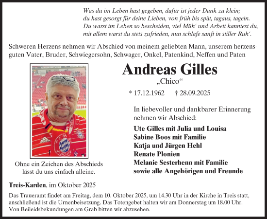 Traueranzeige von Andreas Gilles von WochenSpiegel
