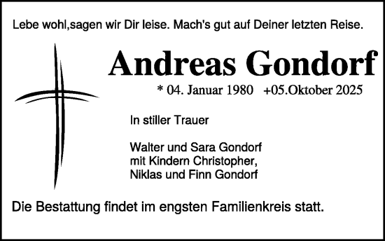 Traueranzeige von Andreas Gondorf von WochenSpiegel