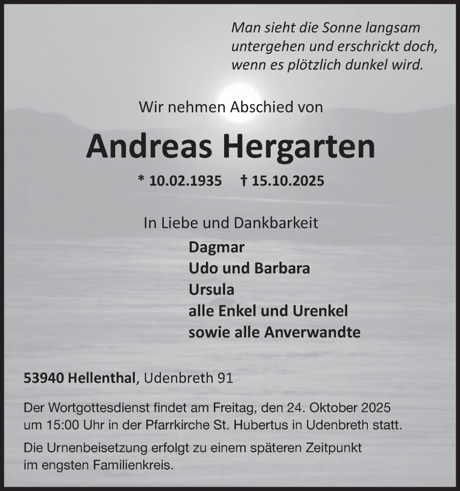  Traueranzeige für Andreas Hergarten vom 22.10.2025 aus WochenSpiegel