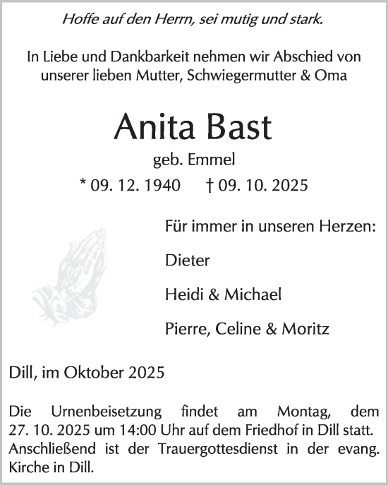 Traueranzeige von Anita Bast von WochenSpiegel