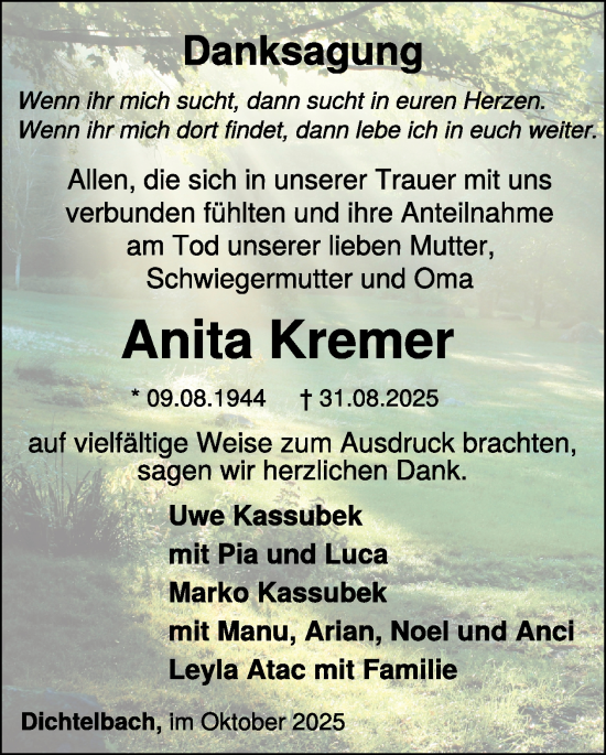 Traueranzeige von Anita Kremer von WochenSpiegel