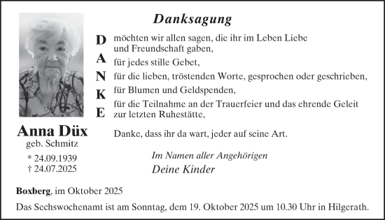 Traueranzeige von Anna Düx von WochenSpiegel