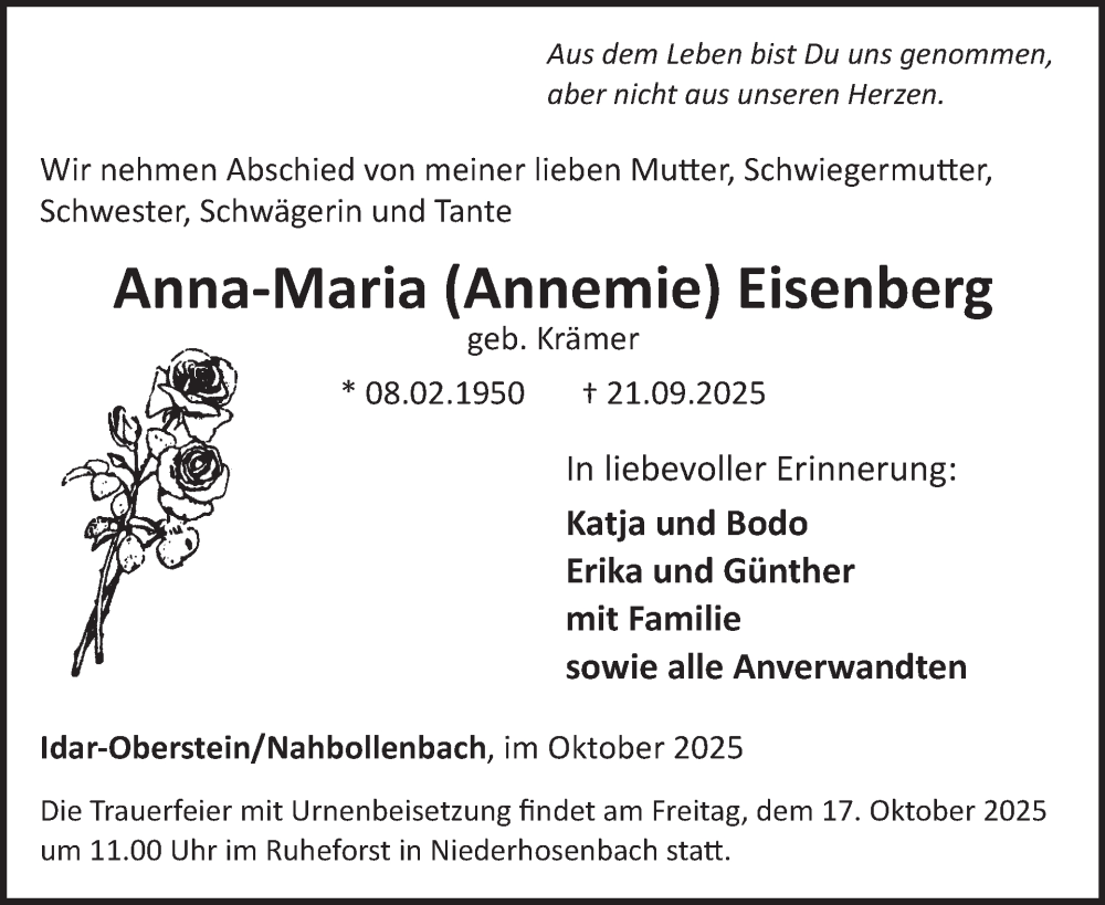  Traueranzeige für Anna-Maria Eisenberg vom 11.10.2025 aus WochenSpiegel
