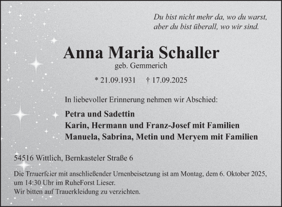 Traueranzeige von Anna Maria Schaller von WochenSpiegel