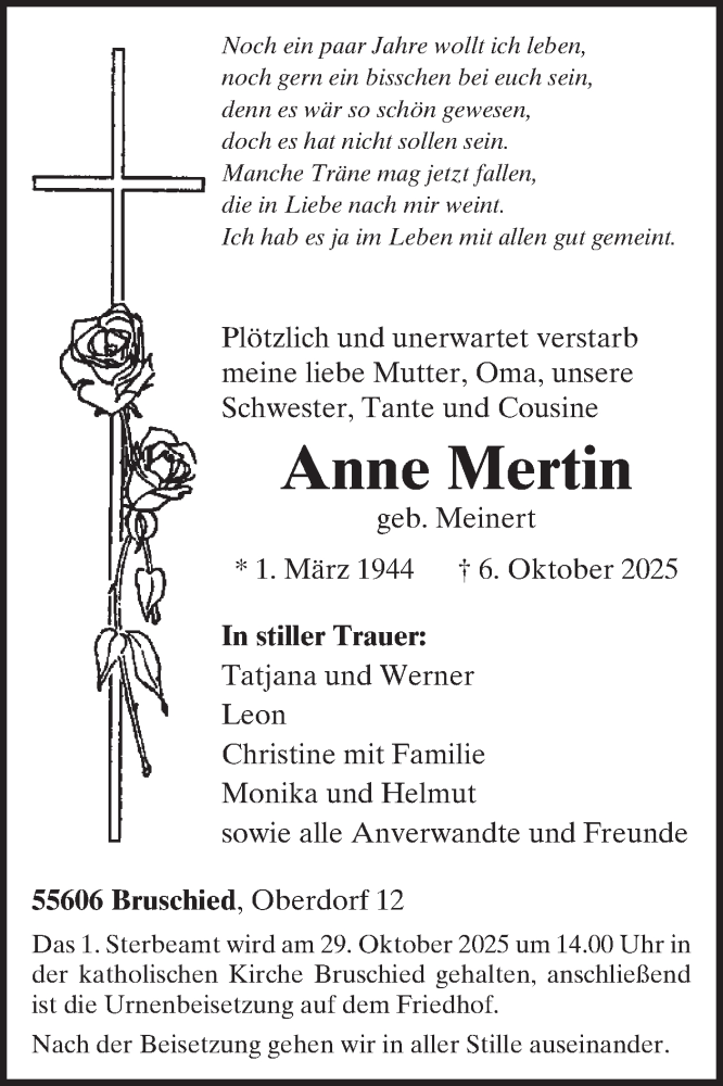  Traueranzeige für Anne Mertin vom 18.10.2025 aus WochenSpiegel