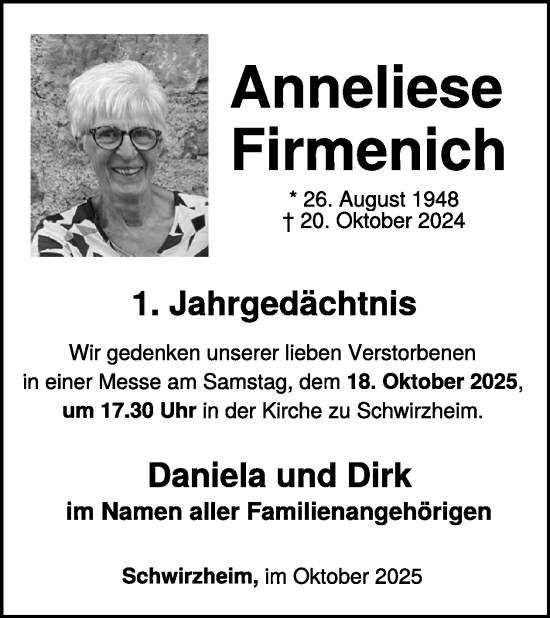 Traueranzeige von Anneliese Firmenich von WochenSpiegel