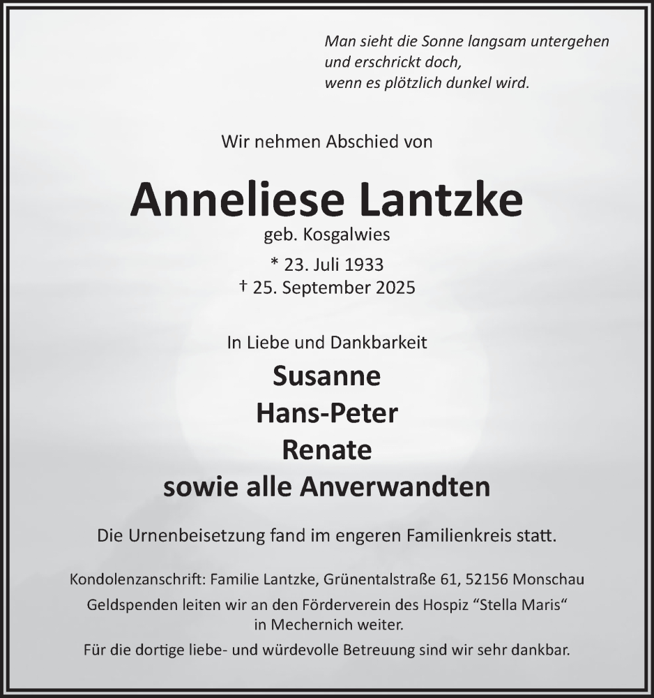  Traueranzeige für Anneliese Lantzke vom 22.10.2025 aus WochenSpiegel