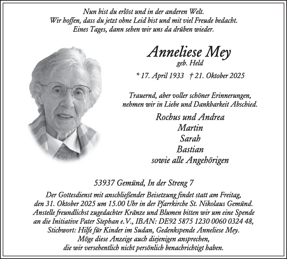  Traueranzeige für Anneliese Mey vom 29.10.2025 aus WochenSpiegel