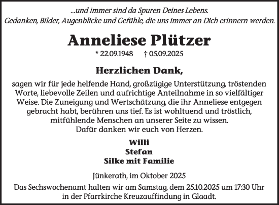 Traueranzeige von Anneliese Plützer von WochenSpiegel
