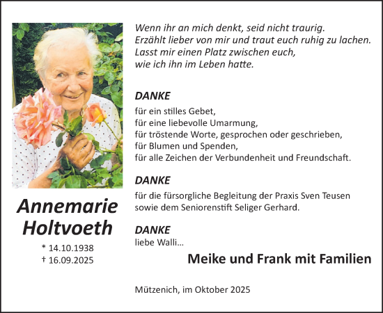 Traueranzeige von Annemarie Holtvoeth von WochenSpiegel