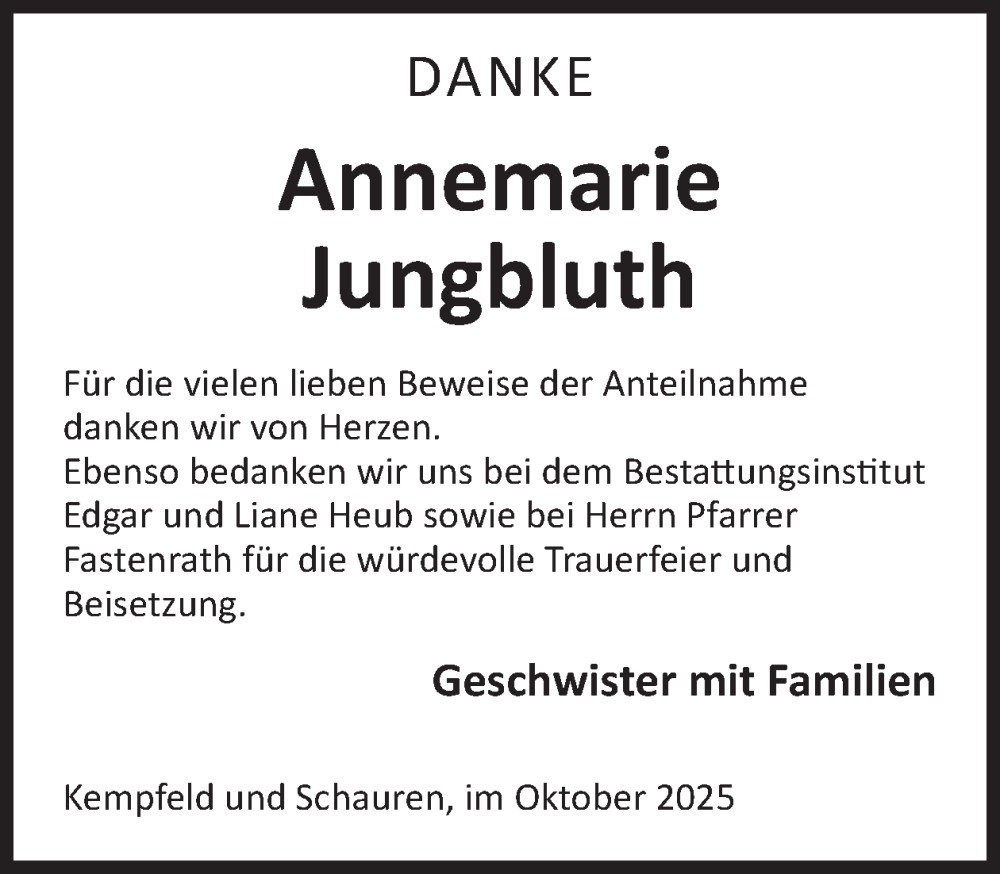  Traueranzeige für Annemarie Jungbluth vom 11.10.2025 aus WochenSpiegel