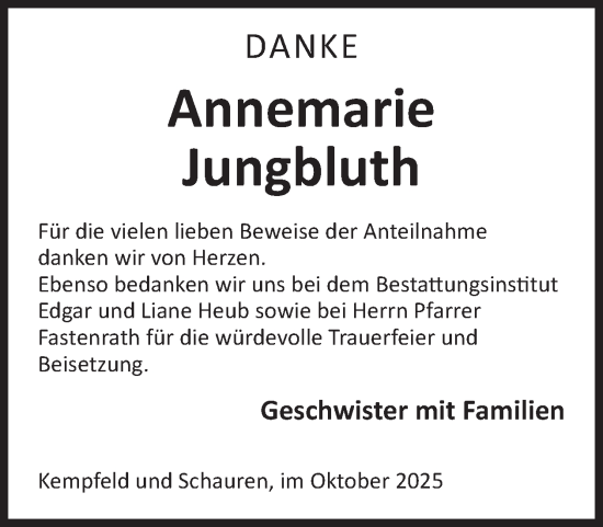 Traueranzeige von Annemarie Jungbluth von WochenSpiegel