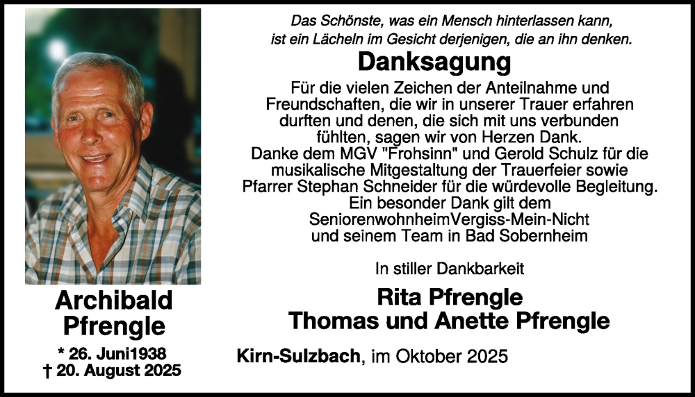  Traueranzeige für Archibald Pfrengle vom 18.10.2025 aus WochenSpiegel