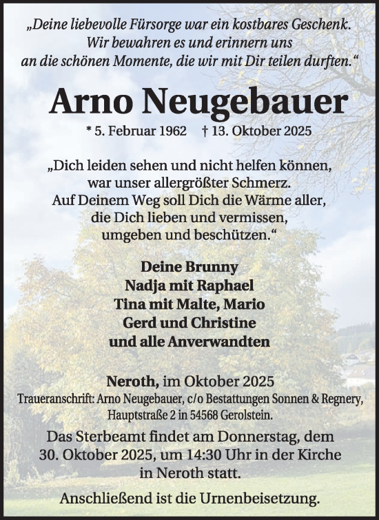 Traueranzeige von Arno Neugebauer von WochenSpiegel