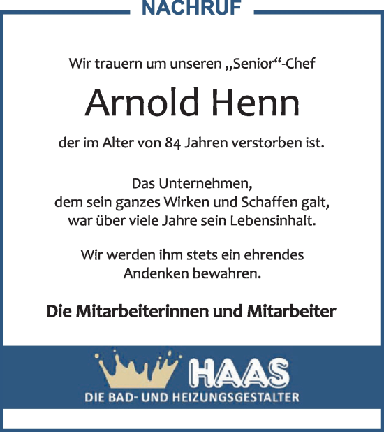 Traueranzeige von Arnold Henn von WochenSpiegel