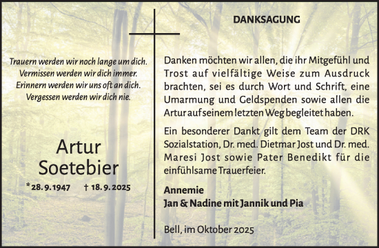 Traueranzeige von Artur Soetebier von WochenSpiegel