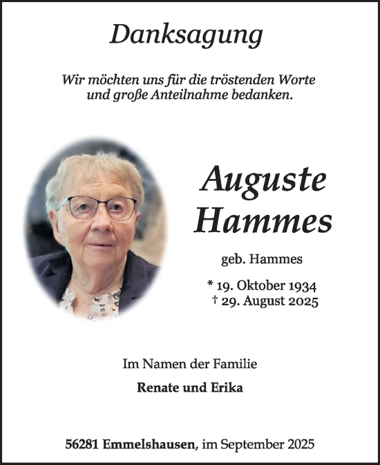 Traueranzeige von Auguste Hammes von WochenSpiegel